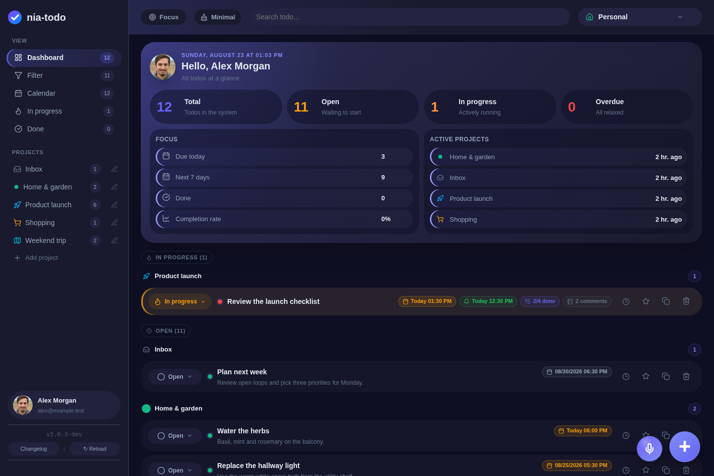 nia-todo dashboard with projects, due todos and progress at a glance