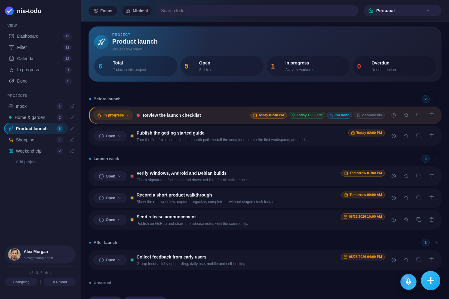 nia-todo project view with sections, priorities, deadlines and progress