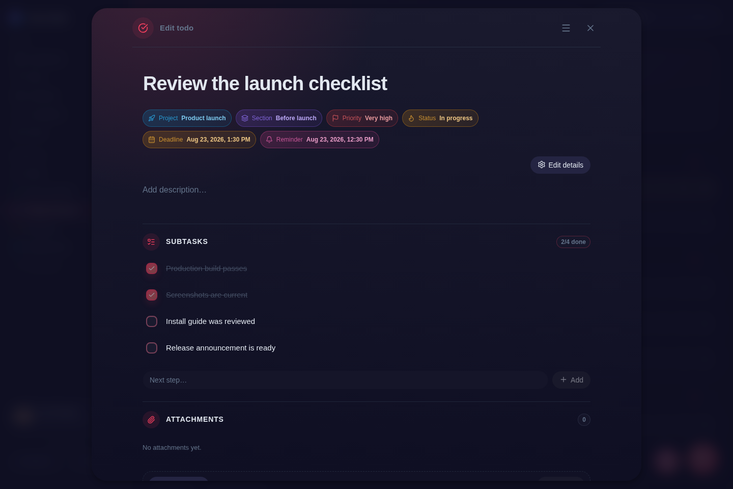 nia-todo todo detail reading mode with rich description, metadata and subtasks