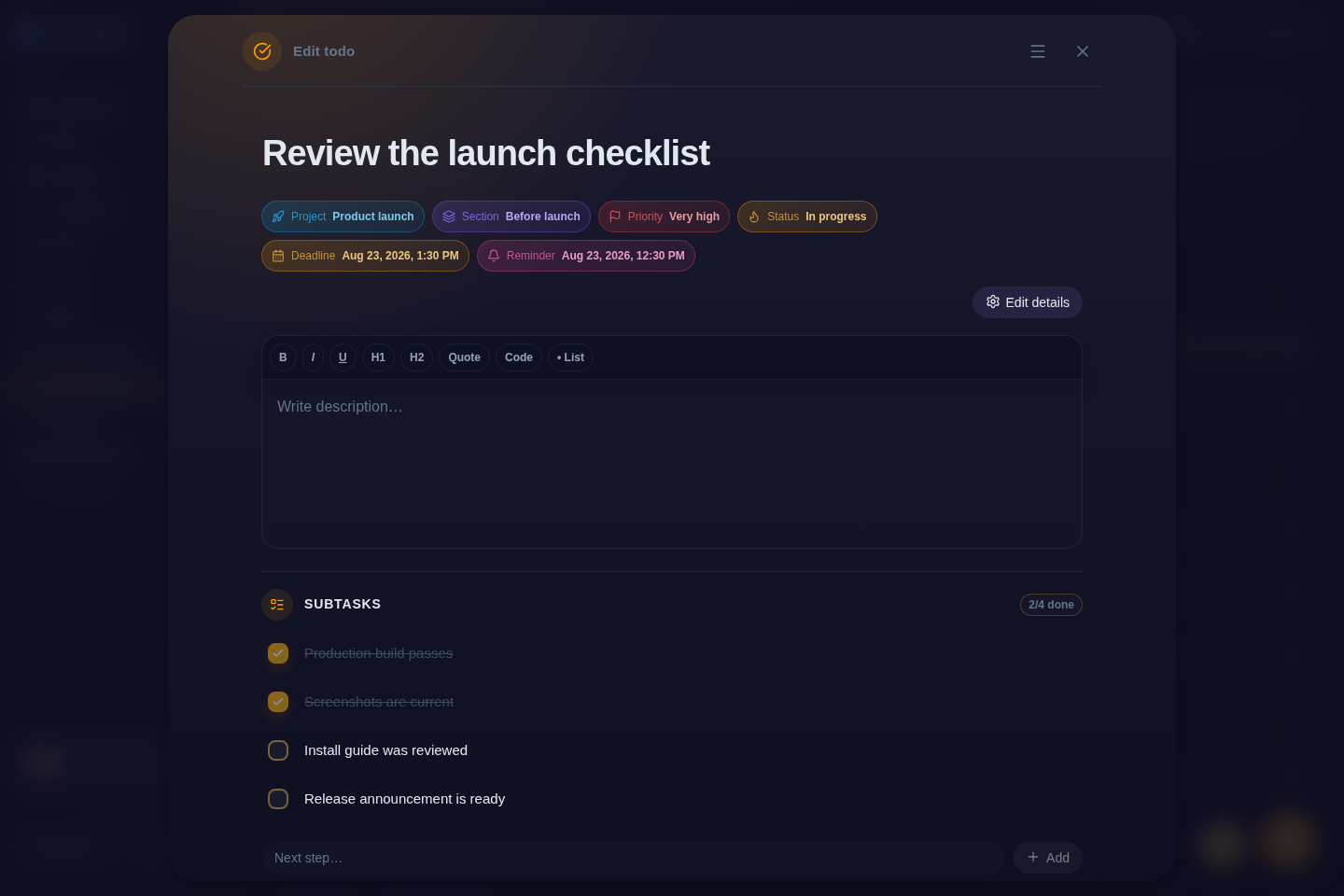nia-todo rich todo editor with formatting tools, metadata and checklist