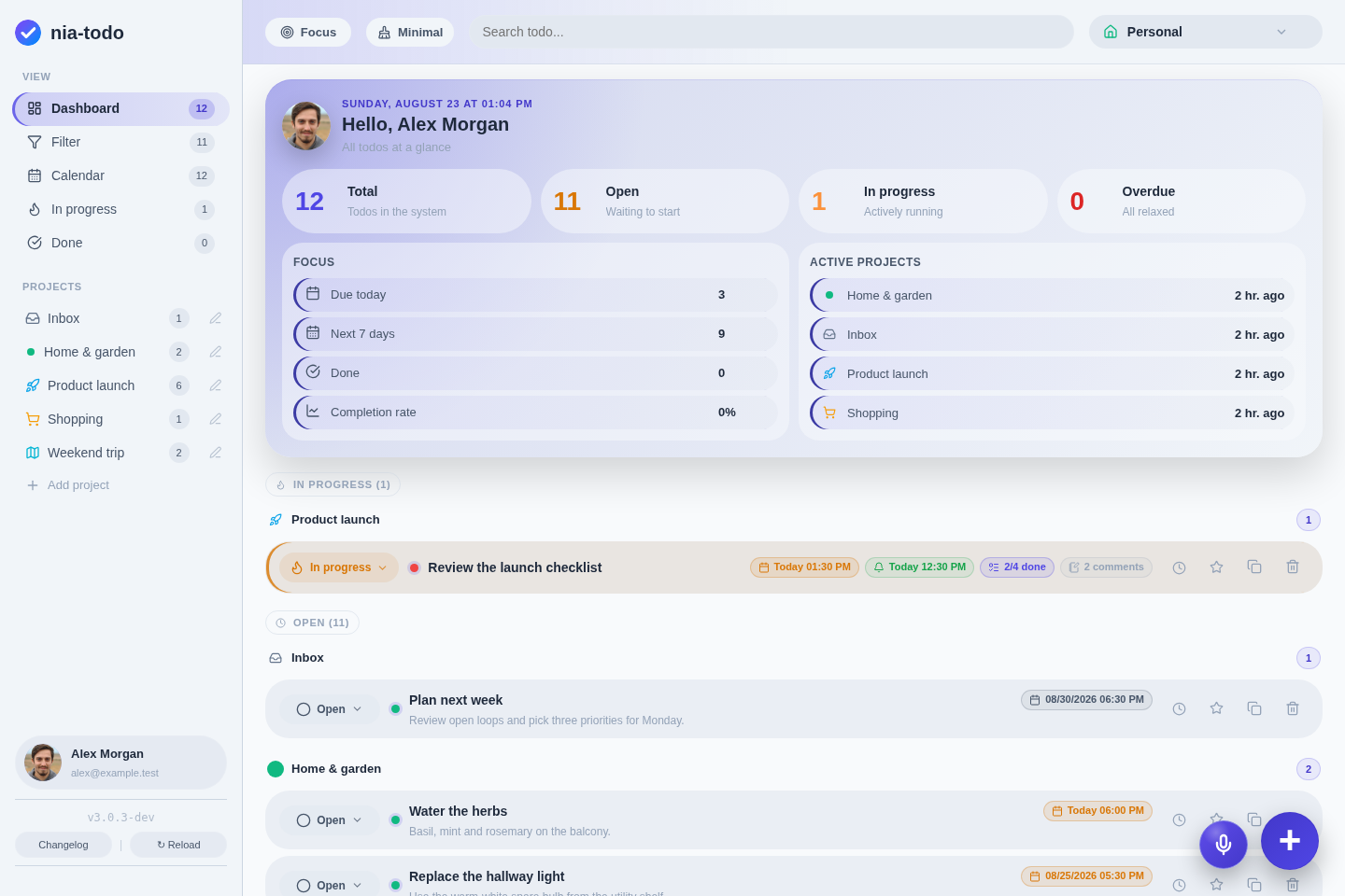 nia-todo dashboard with projects, due todos and progress at a glance