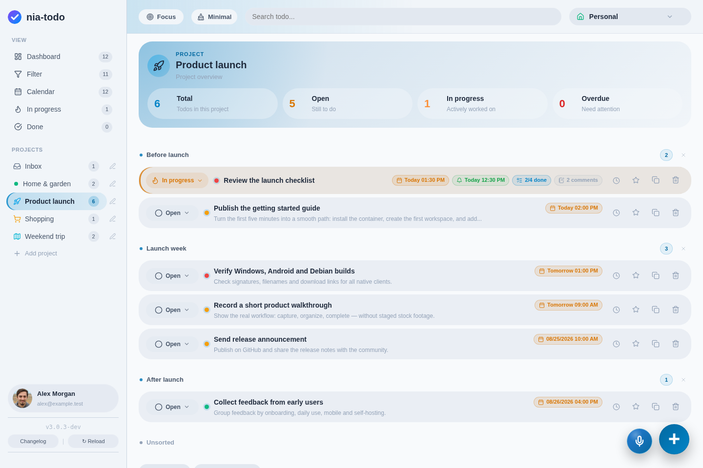 nia-todo project view with sections, priorities, deadlines and progress