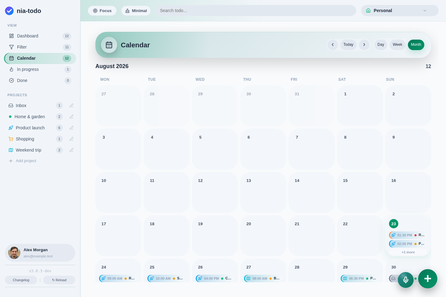 nia-todo calendar in month view with scheduled todos