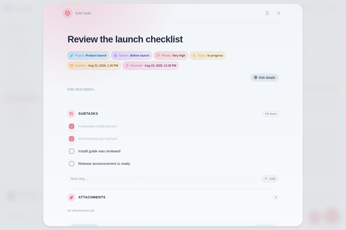 nia-todo todo detail reading mode with rich description, metadata and subtasks