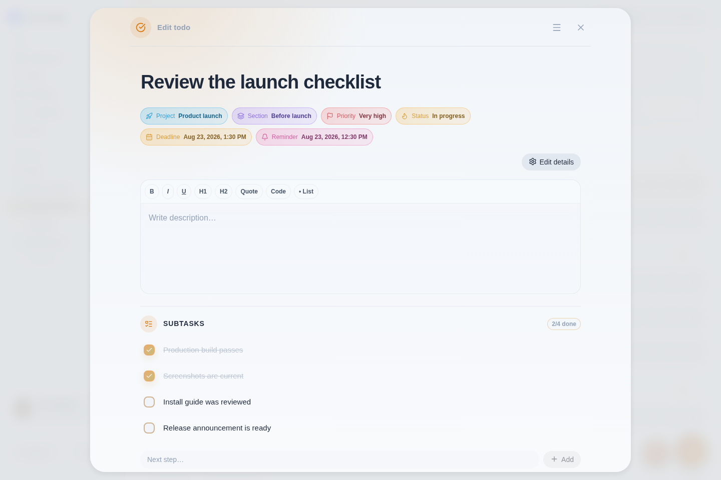 nia-todo rich todo editor with formatting tools, metadata and checklist
