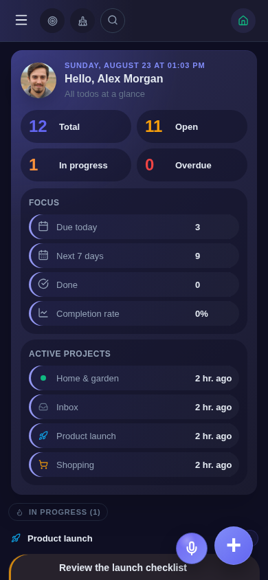 nia-todo dashboard with projects, due todos and progress at a glance in the mobile layout