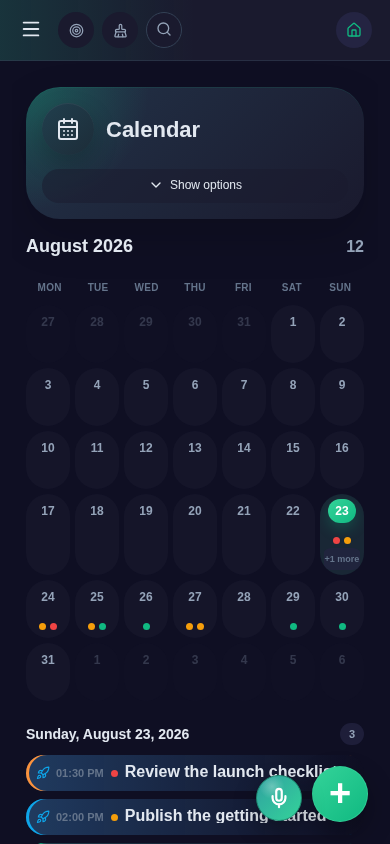 nia-todo calendar in month view with scheduled todos in the mobile layout