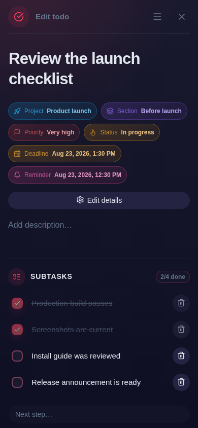 nia-todo todo detail reading mode with rich description, metadata and subtasks in the mobile layout