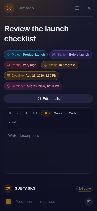 nia-todo rich todo editor with formatting tools, metadata and checklist in the mobile layout