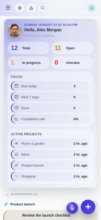 nia-todo dashboard with projects, due todos and progress at a glance in the mobile layout
