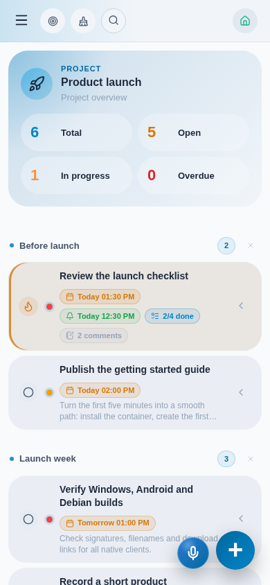 nia-todo project view with sections, priorities, deadlines and progress in the mobile layout