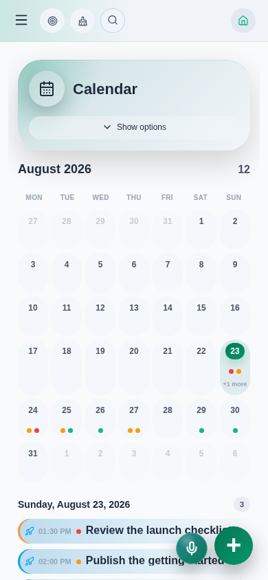 nia-todo calendar in month view with scheduled todos in the mobile layout