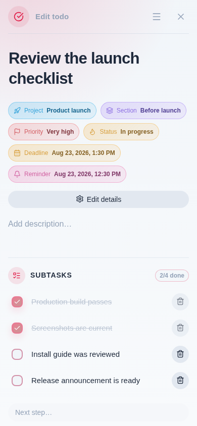 nia-todo todo detail reading mode with rich description, metadata and subtasks in the mobile layout