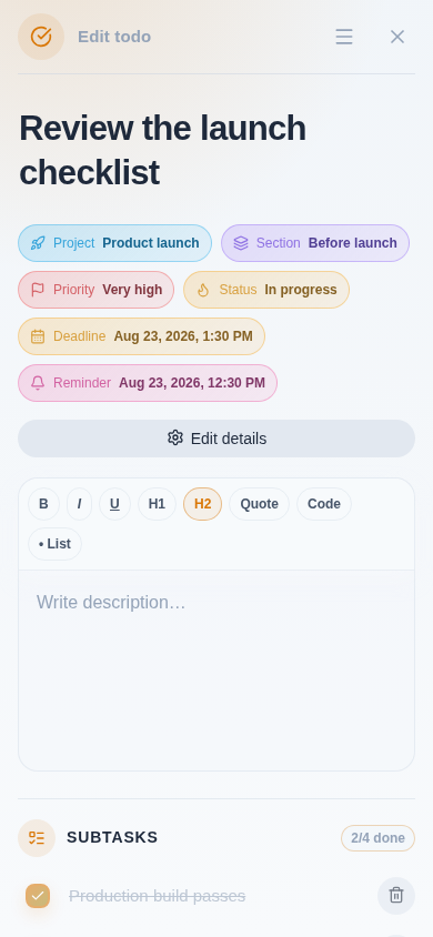 nia-todo rich todo editor with formatting tools, metadata and checklist in the mobile layout